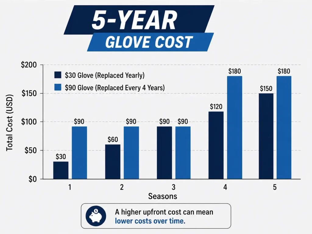 bar chart of five-year ski glove cost by price tier