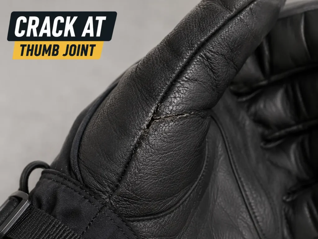 close-up of a crack forming at a ski glove thumb joint