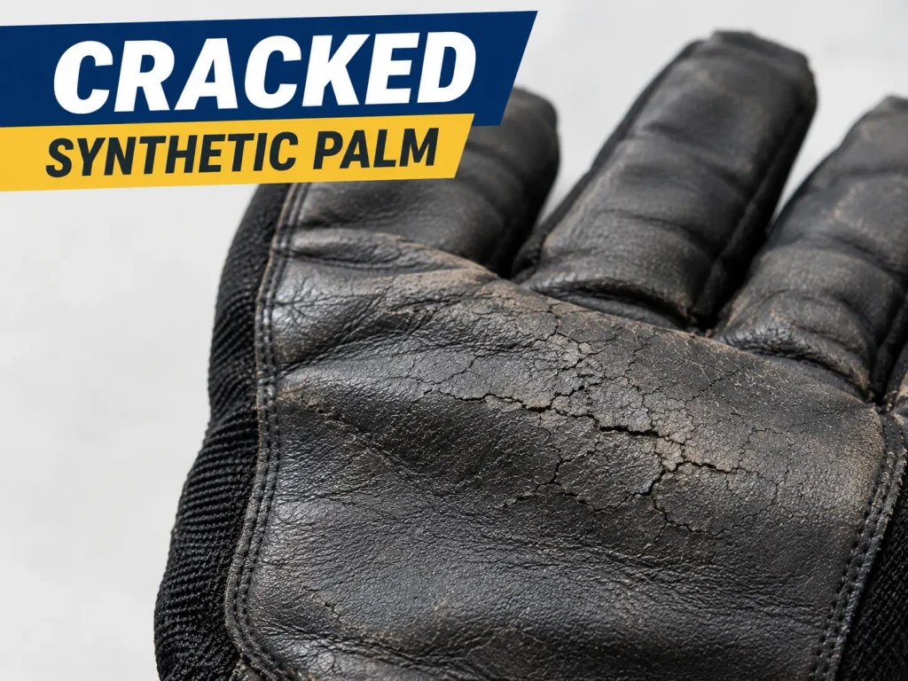 close-up of a cracked synthetic leather glove palm