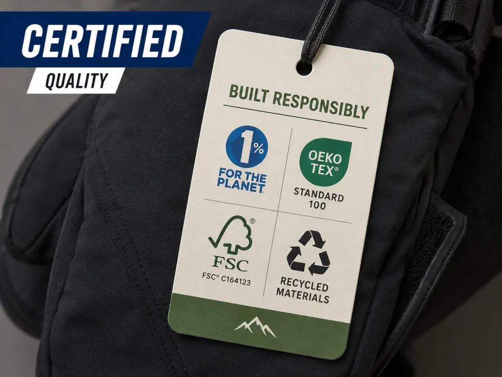 close-up of certification logos on a ski glove hang tag
