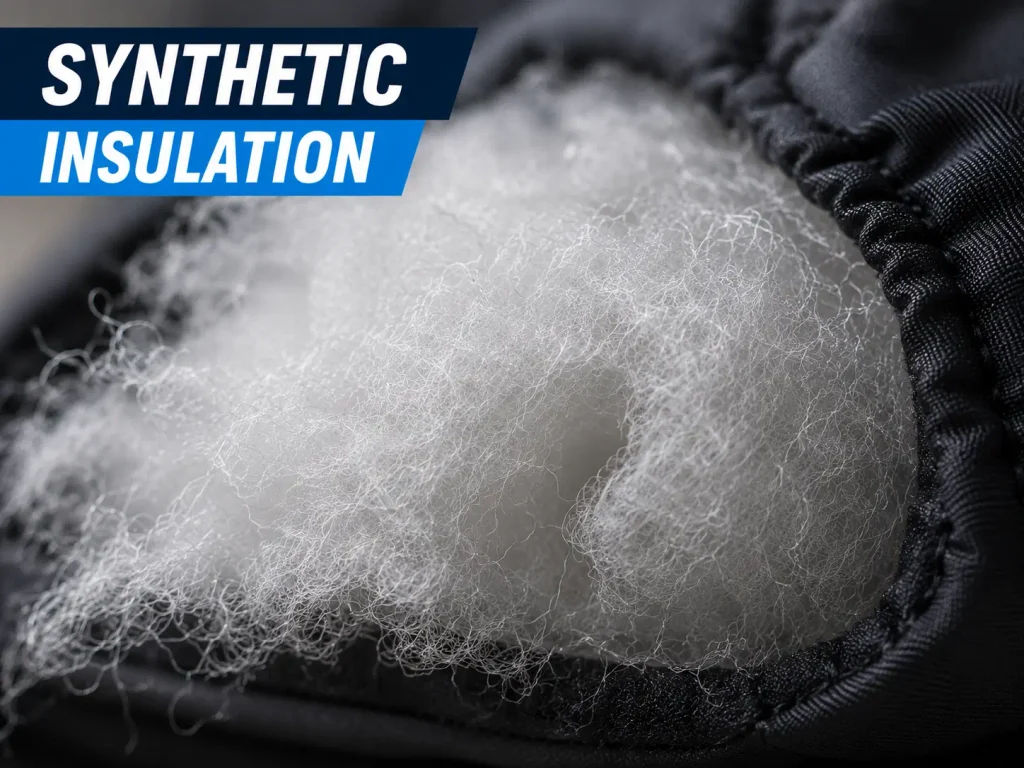 close-up of synthetic ski glove insulation fibers