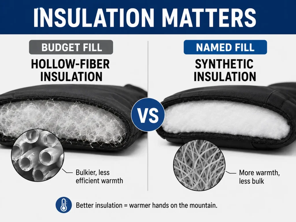 comparison graphic of budget vs. named insulation fill in ski gloves