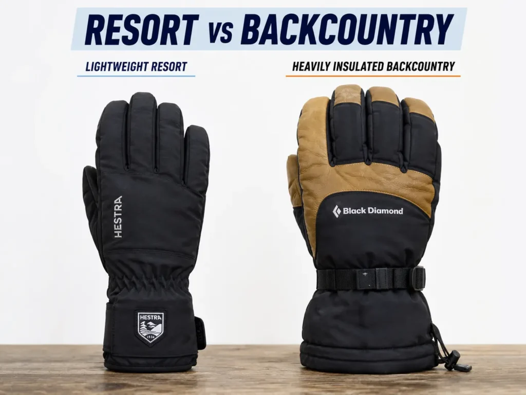 comparison of a lightweight resort glove and a heavily insulated backcountry glove
