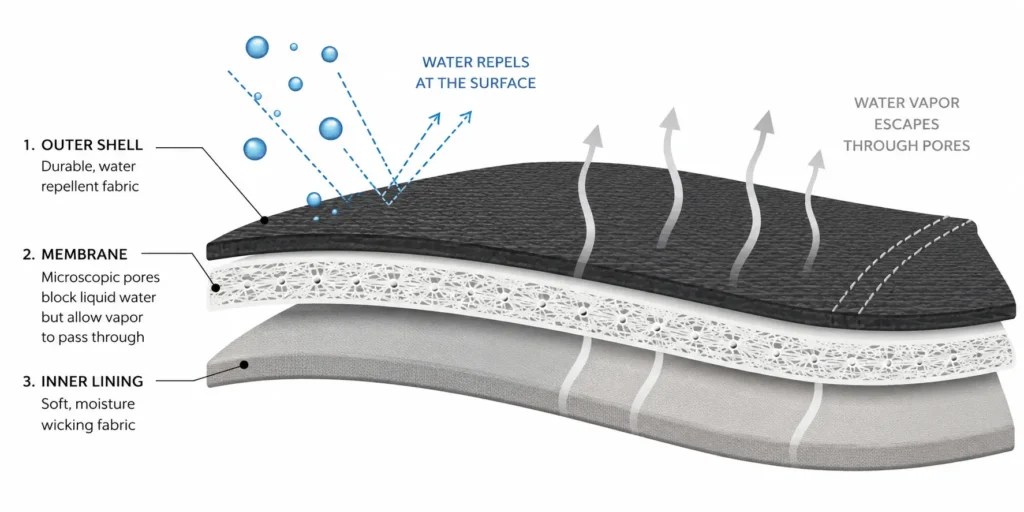 How Gore-Tex gloves work — membrane cross-section diagram showing water blocked and vapor escaping
