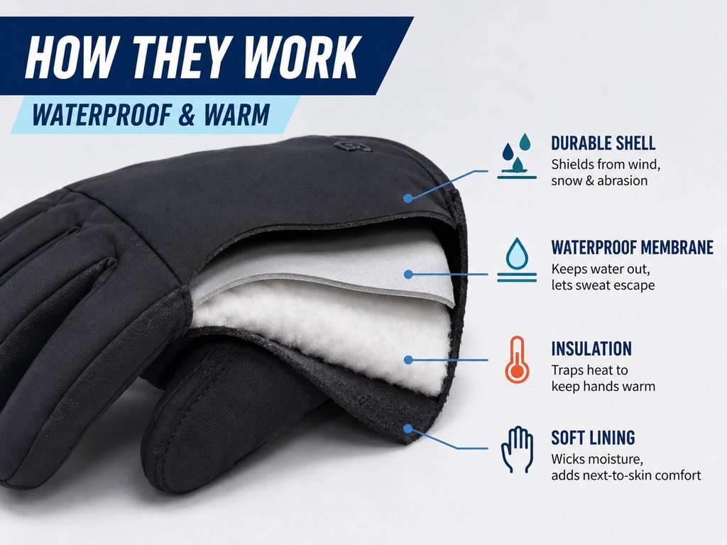 how to choose waterproof ski gloves — cross-section diagram of shell, membrane, and insulation layers