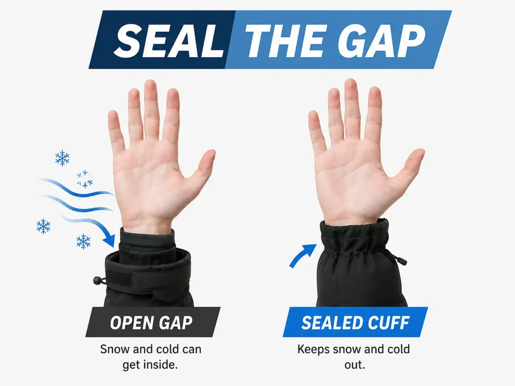 illustration comparing an open wrist gap to a sealed glove cuff