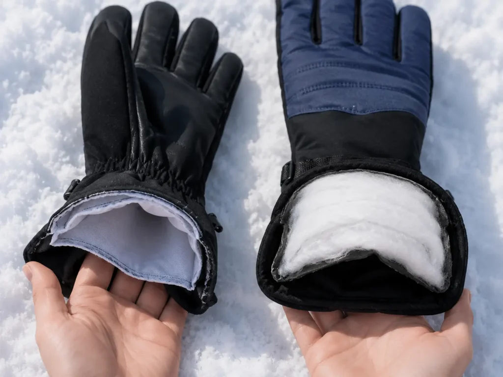 Synthetic insulation fill visible inside a winter glove