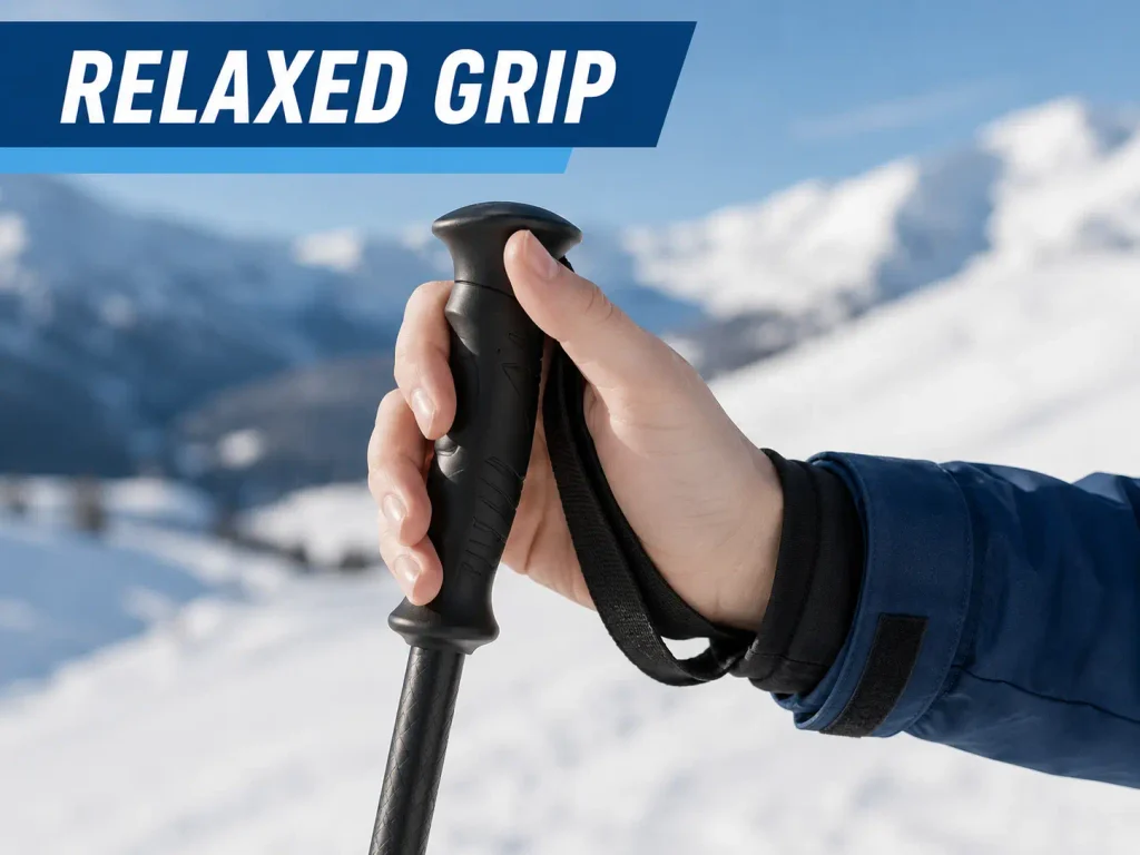 relaxed three-finger grip on a ski pole