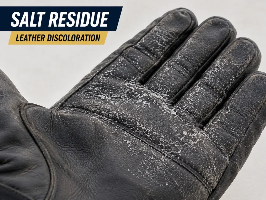 salt residue causing leather ski glove discoloration