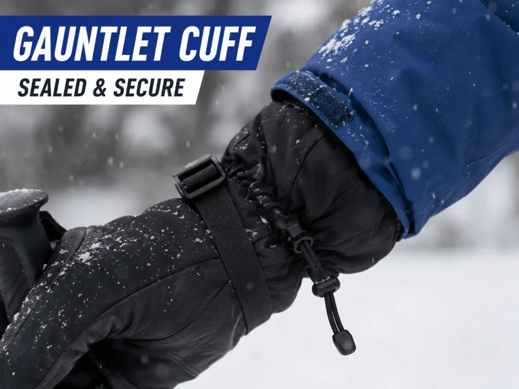 ski glove gauntlet cuff sealed over a jacket sleeve in snow