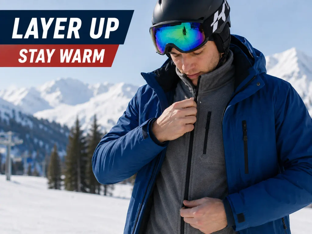 skier adjusting a mid-layer jacket for warmth before skiing