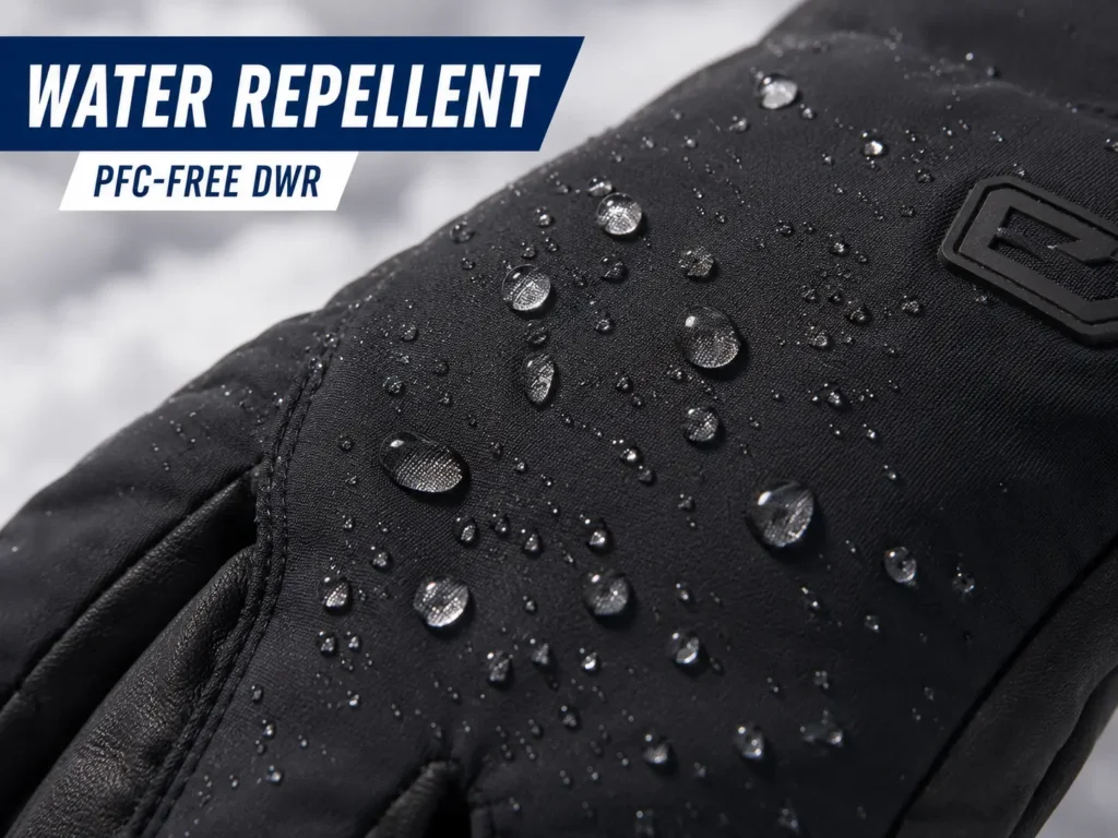 water beading on a PFC-free ski glove shell