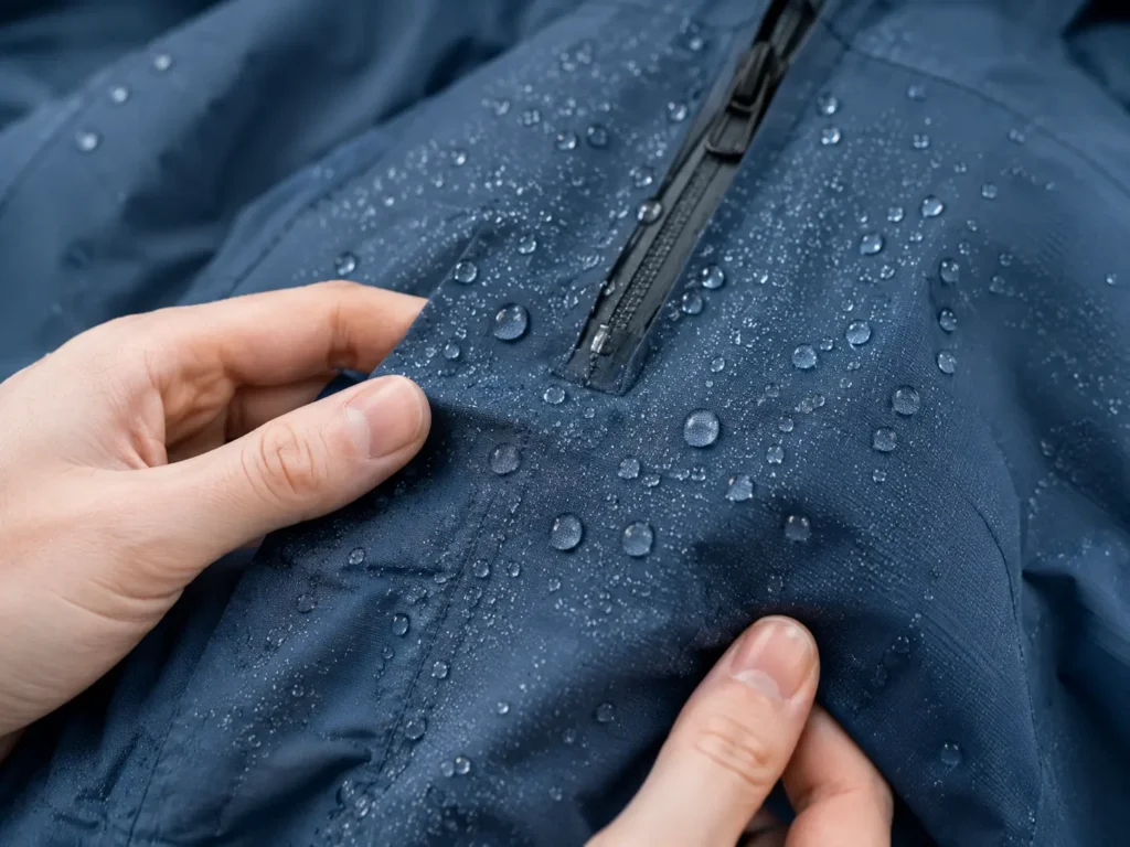 Water beading on a treated waterproof fabric surface