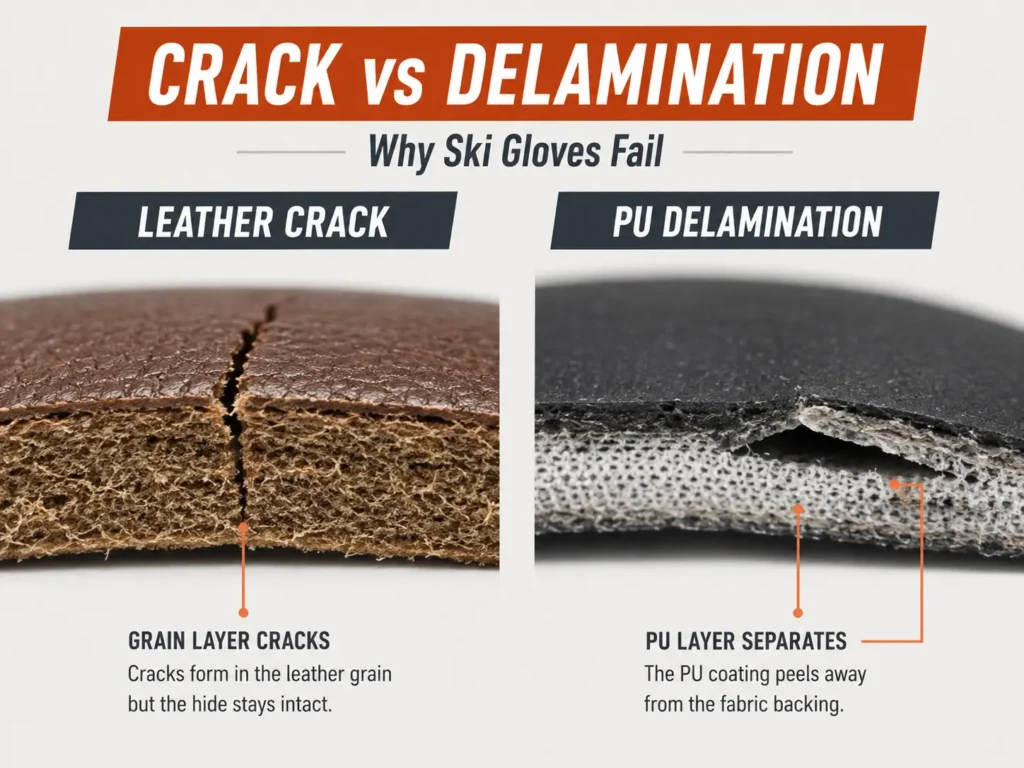 why do ski gloves crack — leather crack vs PU delamination diagram