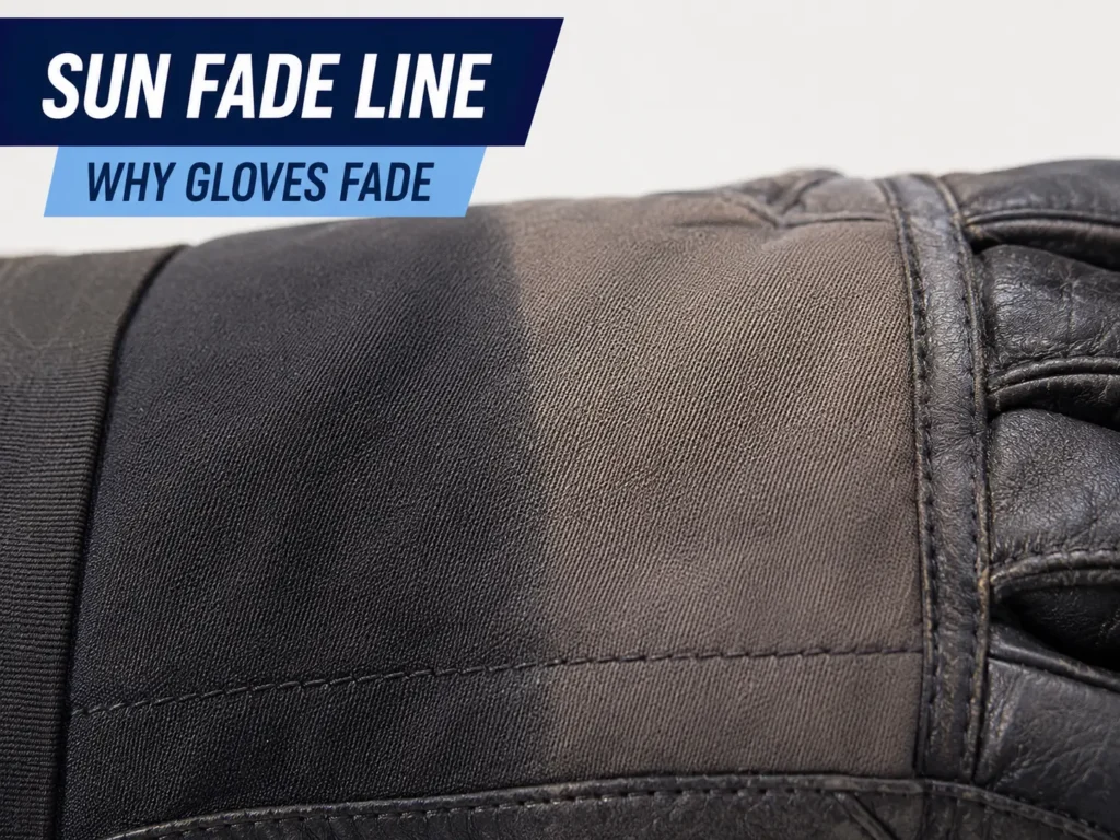 why do ski gloves fade — visible sun fade line on glove shell fabric