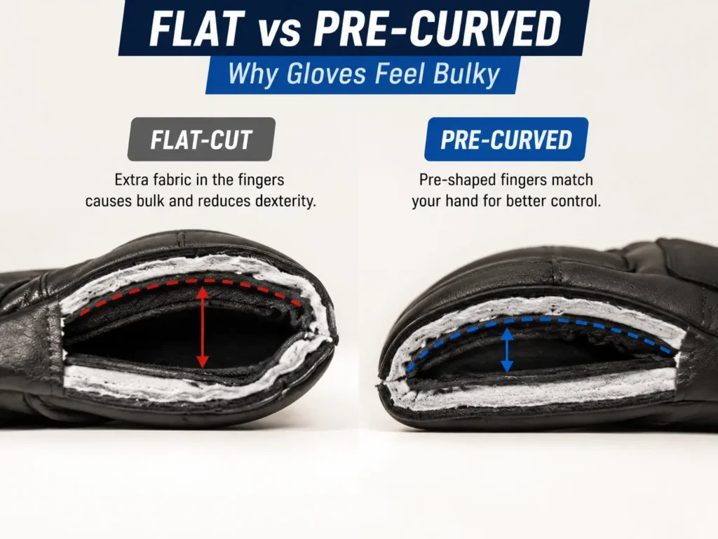why do ski gloves feel bulky — flat-cut vs pre-curved finger diagram