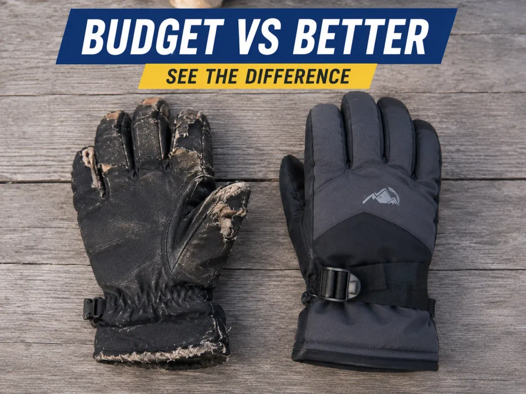 worn budget ski glove next to a newer mid-range glove