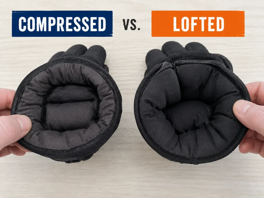 Loose ski gloves shown by compressed interior liner padding