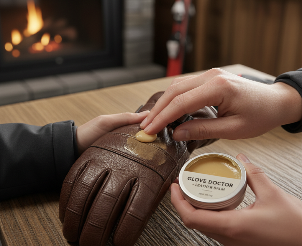 Using glove balm to soften ski gloves