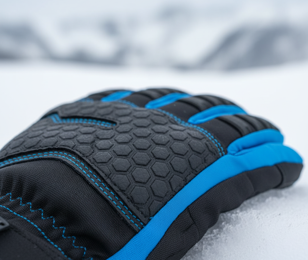 Close-up of reinforced palms and double-stitched seams on pro ski gloves