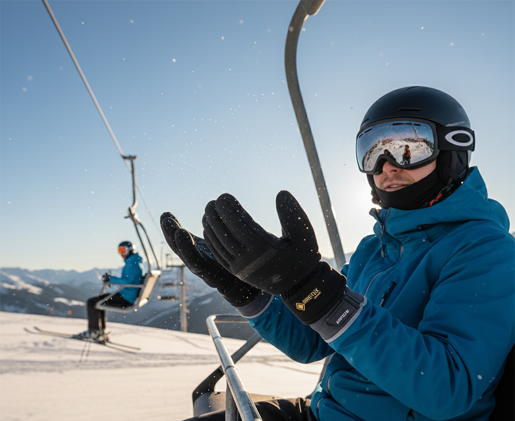 Skier airing out gloves on chairlift to prevent sweat