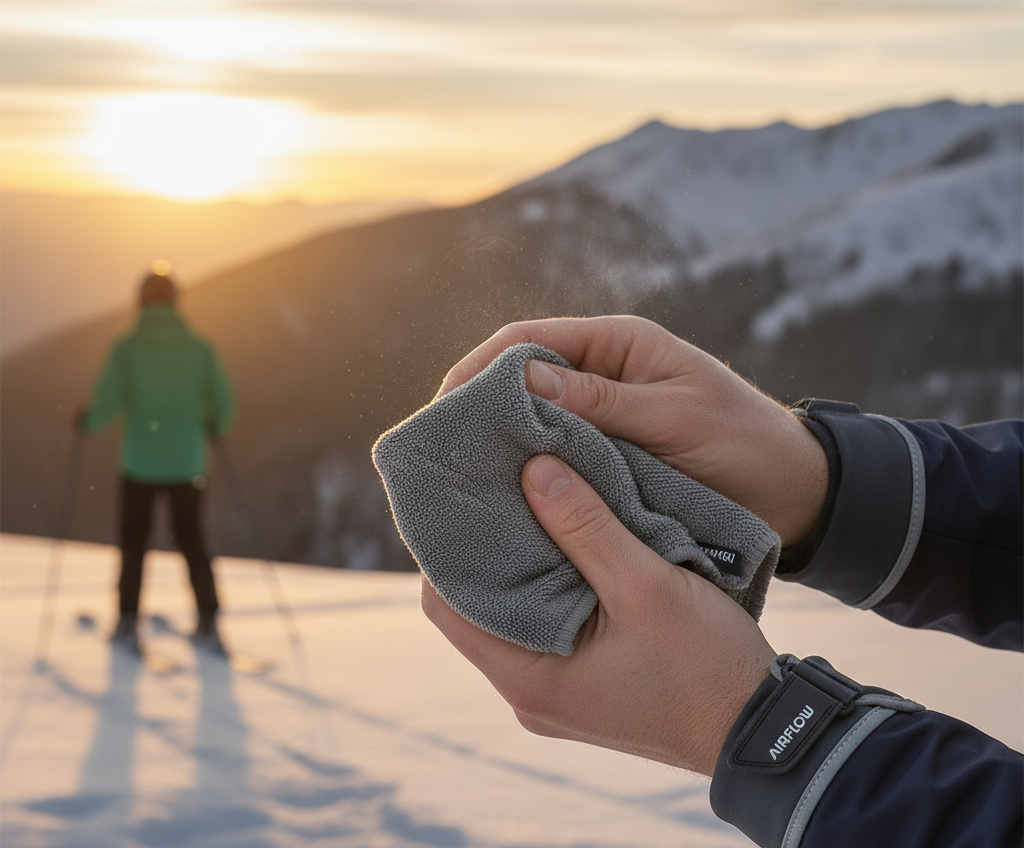 Drying hands with microfiber towel before skiing