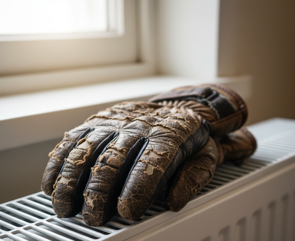 Leather ski gloves on radiator, showing damage