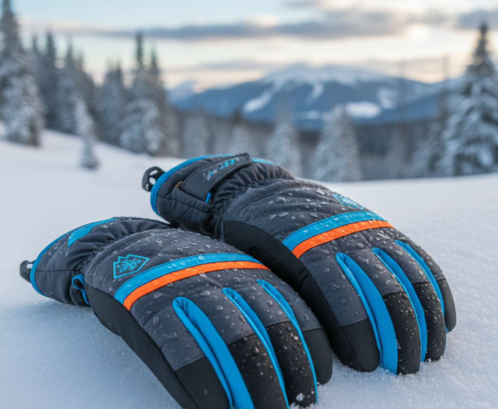 Pro ski gloves on snow with premium insulation and waterproof membranes