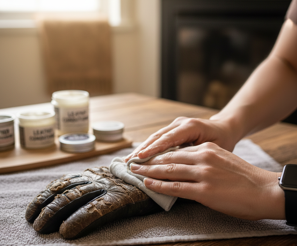 Applying leather conditioner to ski gloves