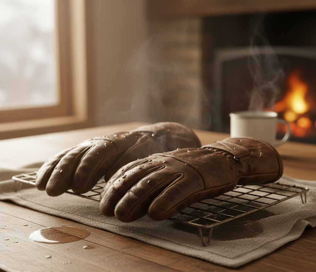 Wet ski gloves drying on table