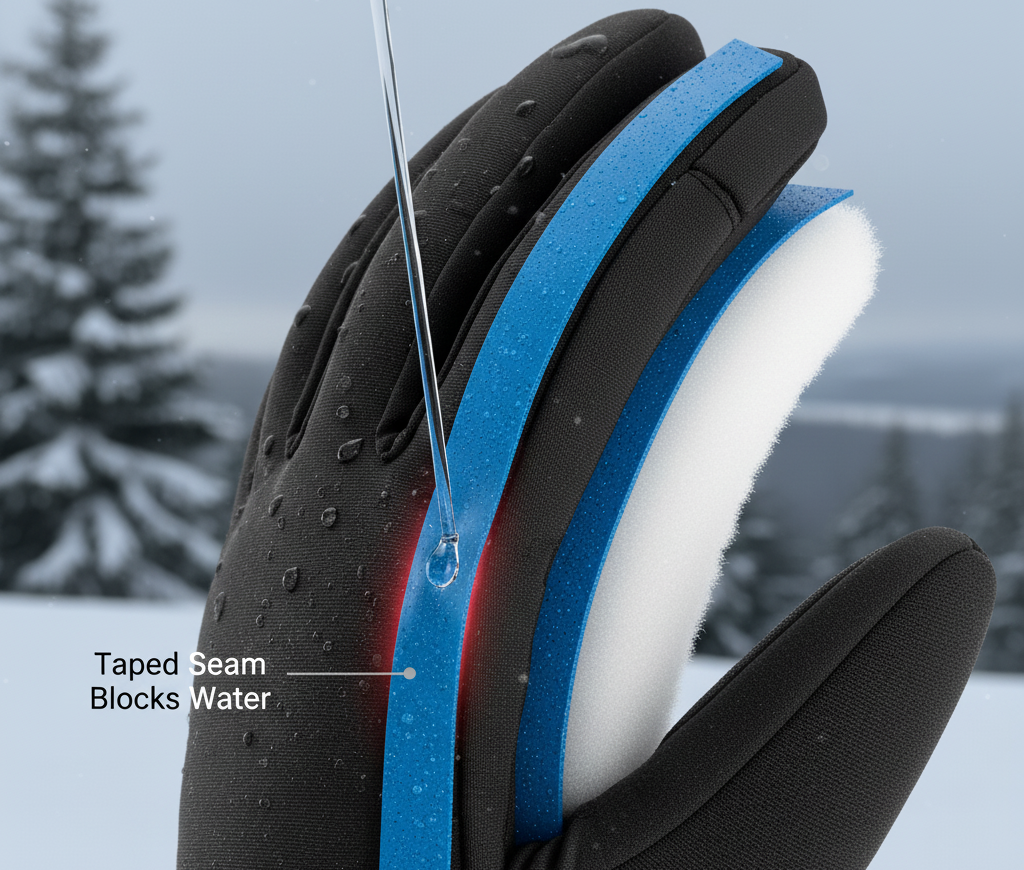 Taped seams in waterproof ski gloves prevent water leaks