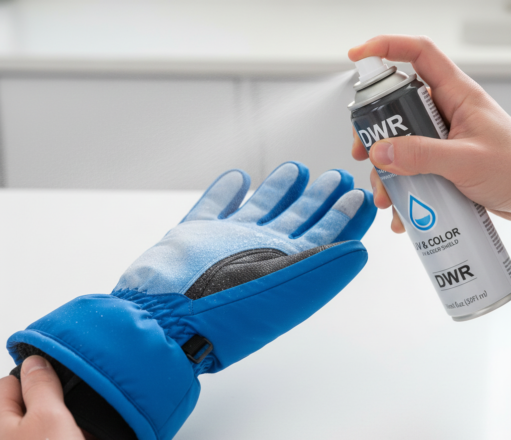 Applying DWR spray to prevent ski glove fading