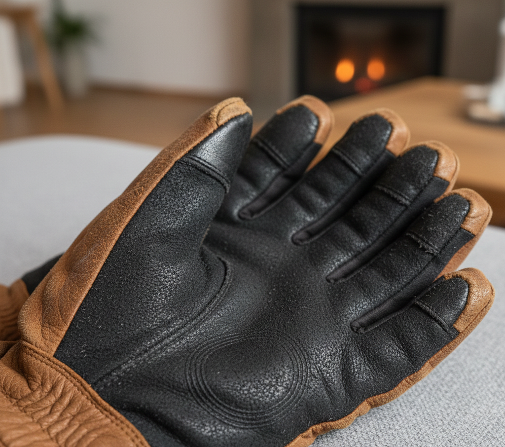 Palm of ski gloves showing wear from ski poles