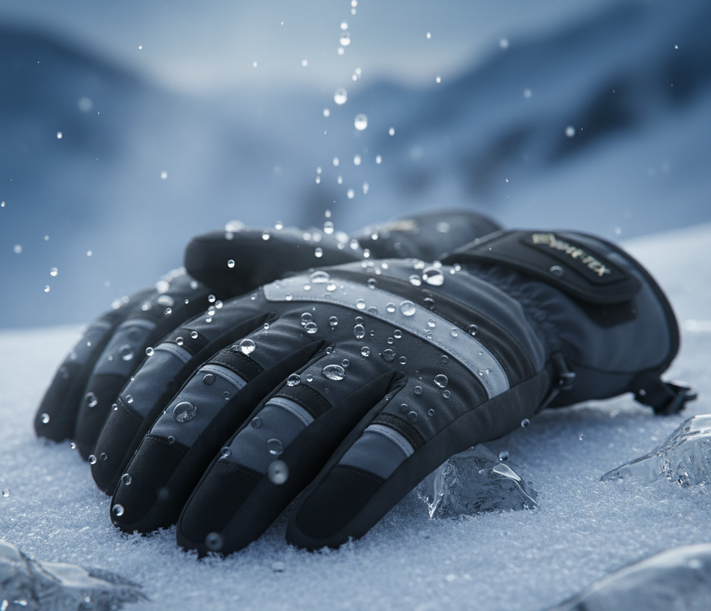 Gore-Tex ski gloves repelling snow and ice