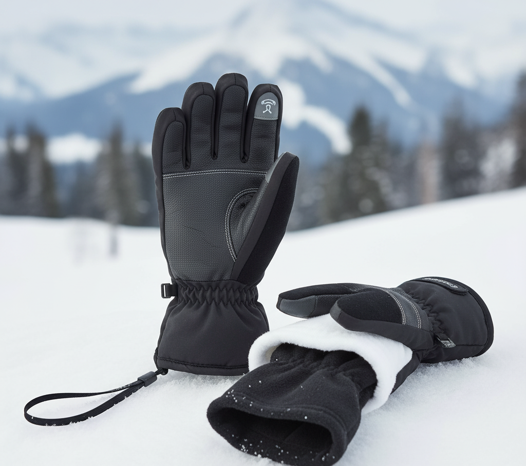 Pro ski gloves with removable liners, wrist leashes, and touchscreen fingertips