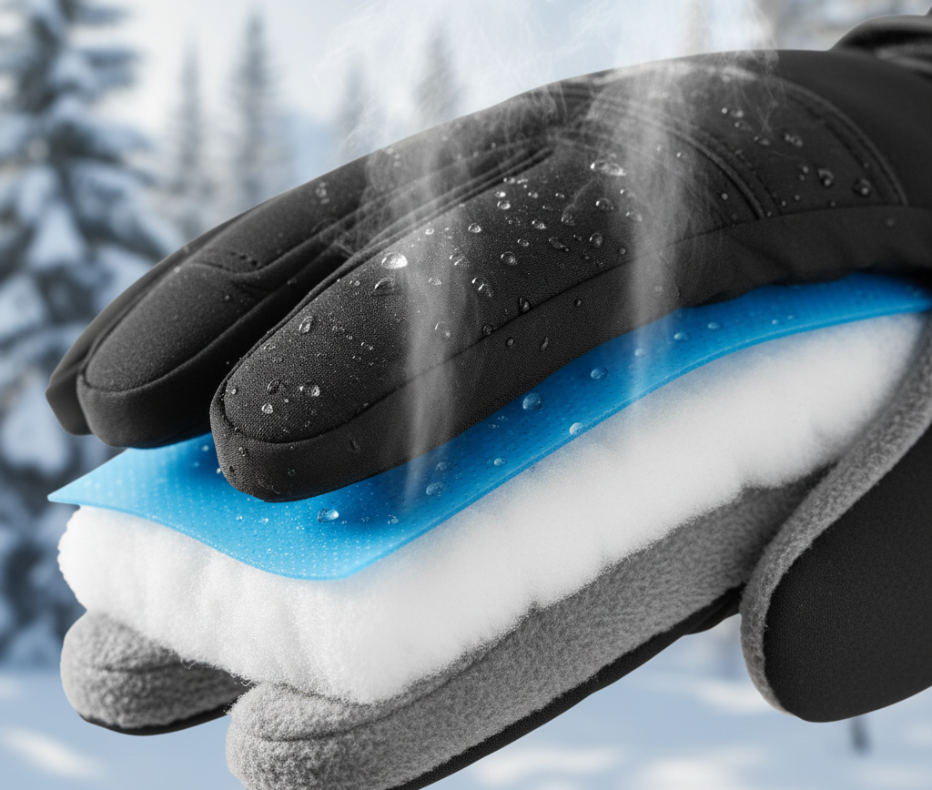 Waterproof membrane layer inside ski gloves for breathability and dryness