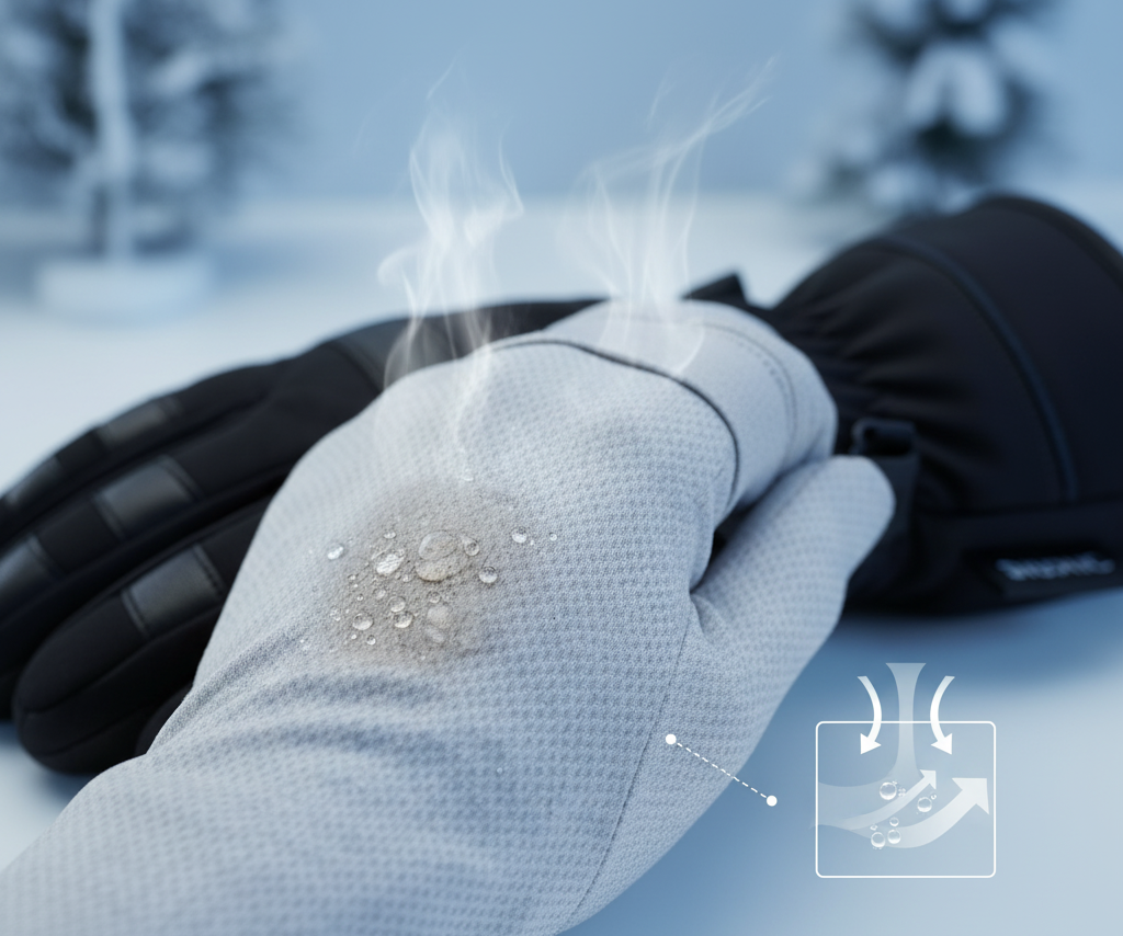 Moisture-wicking liners inside ski gloves for sweat control