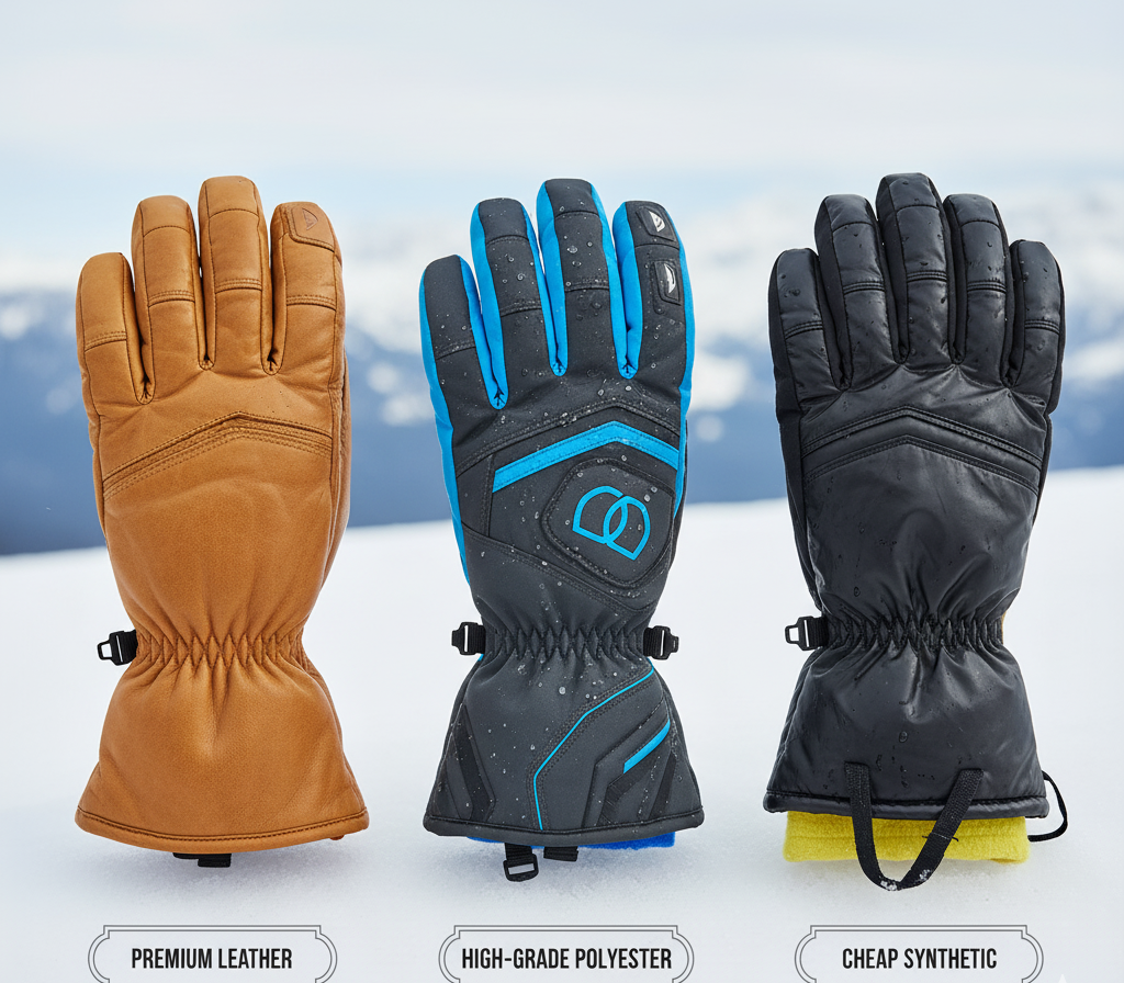 Comparison of premium leather, high-grade polyester, and cheap synthetic ski gloves