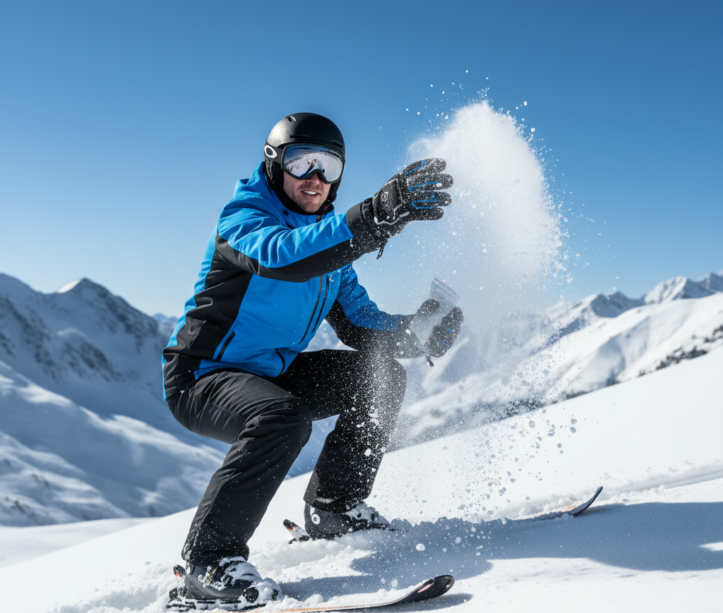 Skier showing how to prevent sweat inside ski gloves