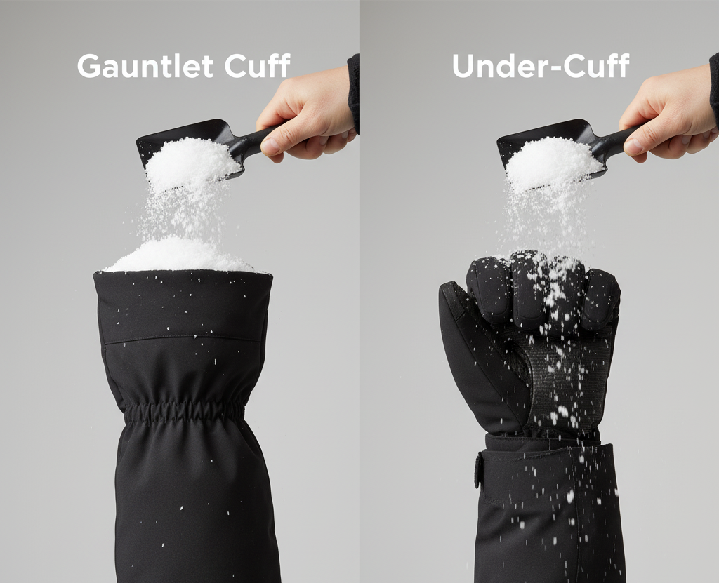 Gauntlet cuff vs under-cuff ski gloves for snow protection