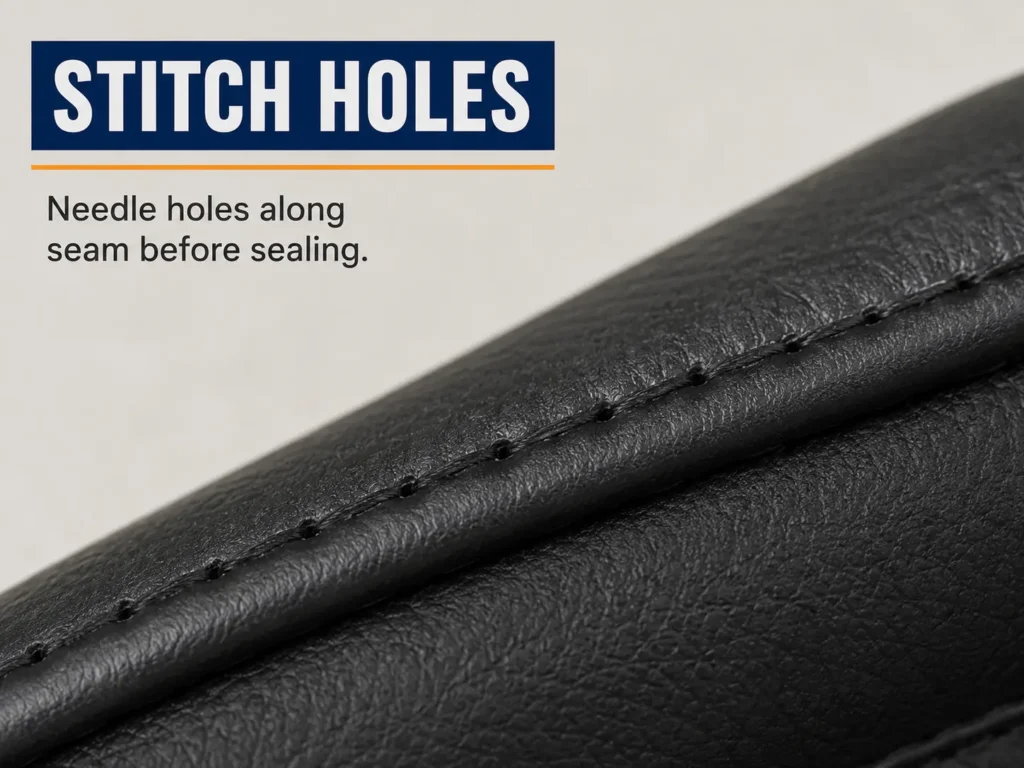 Needle holes along a ski glove seam before sealing