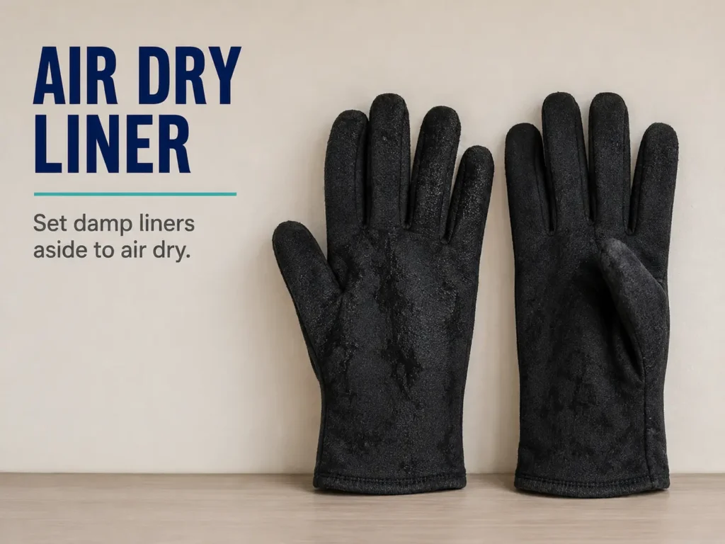 Ski glove liner set aside to air dry after a damp ski day