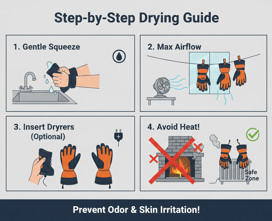 how to dry ski gloves to prevent skin rubbing