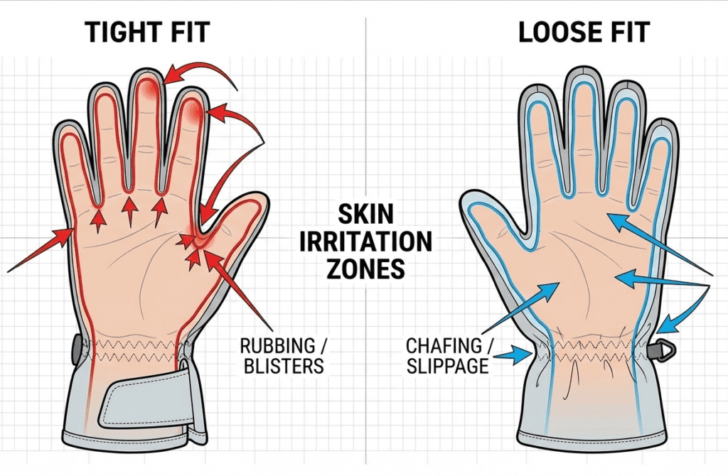 ski gloves rubbing skin due to poor fit