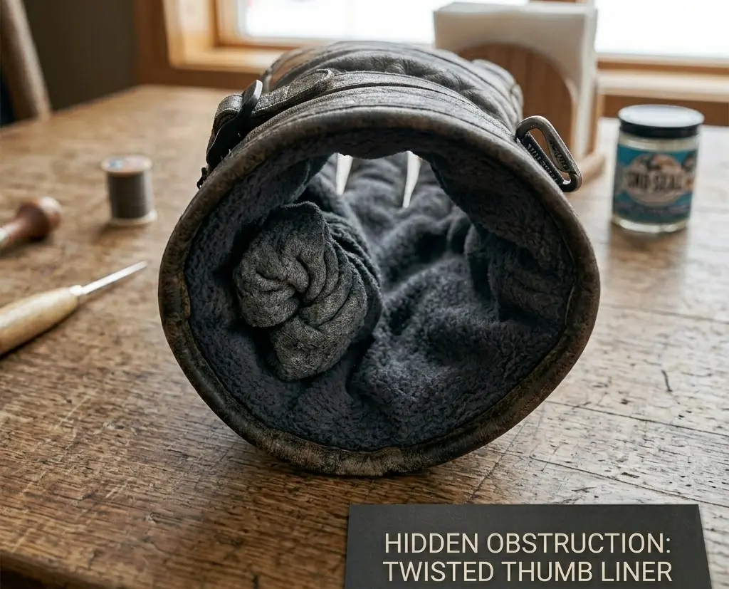 Looking inside a ski glove to find a bunched and twisted inner liner that causes shifting pressure points