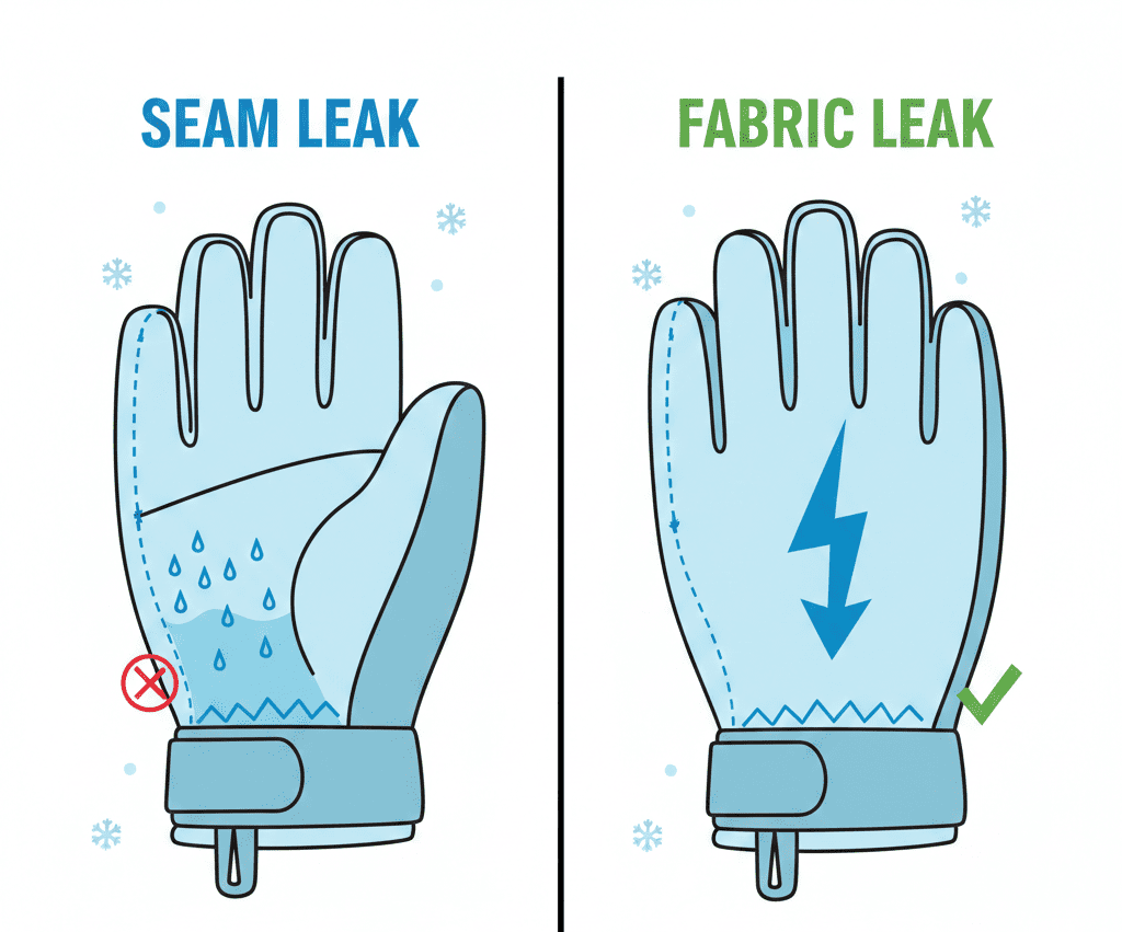ski glove seam leak vs fabric waterproof failure