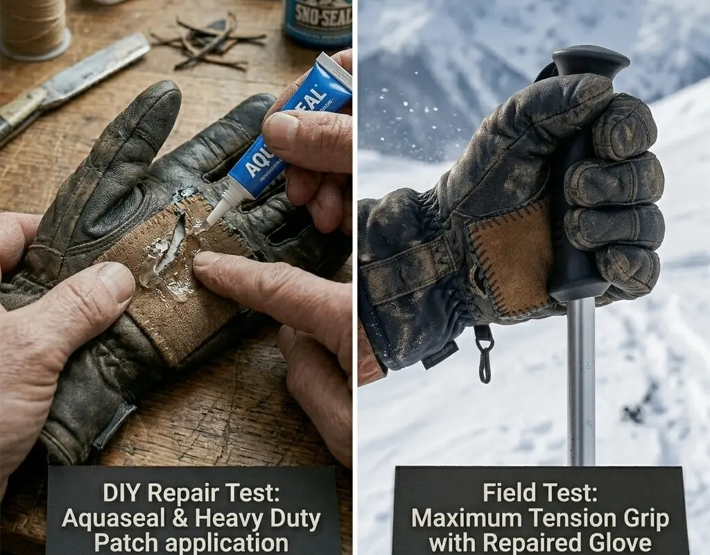 Real world testing of ski glove tear repair methods using heavy duty patches and adhesive under grip tension