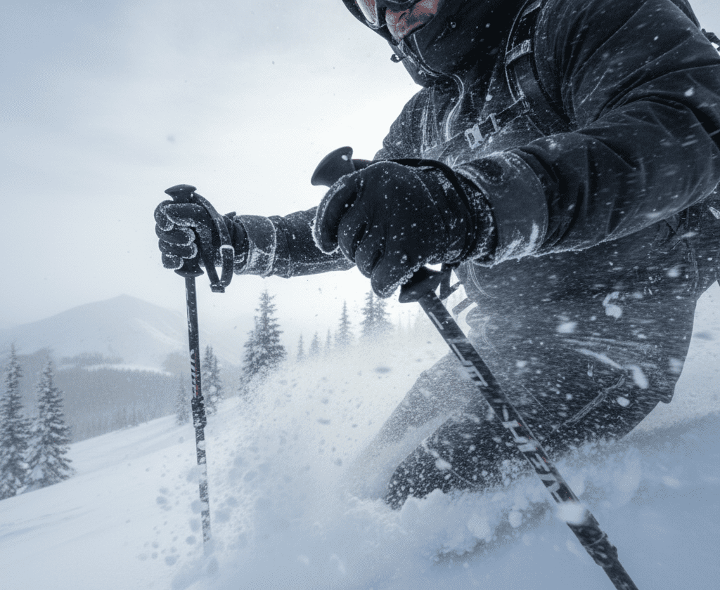 Skier speeding downhill with wind hitting gloves