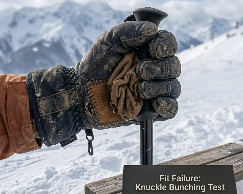 Testing why ski gloves are uncomfortable by making a fist on a ski pole to reveal excess fabric bunching at the knuckles