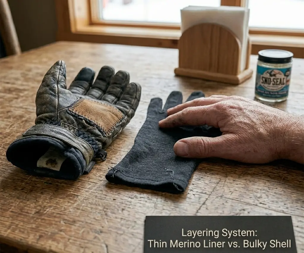  Using a thin merino wool wicking liner inside a ski glove to prevent sweat accumulation and afternoon friction